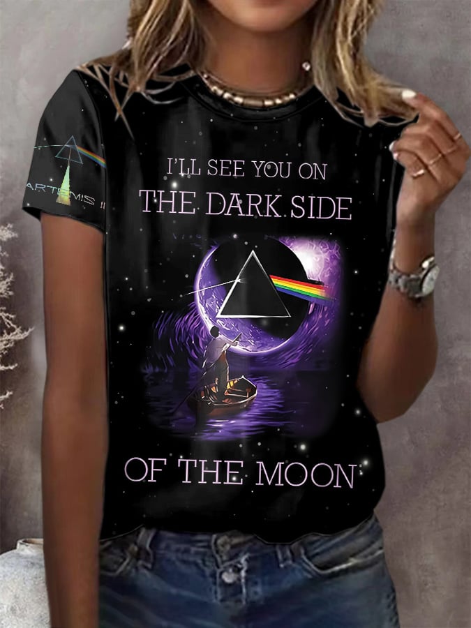Retro I'll See You On The Dark Side Of The Moon Print T-Shirt