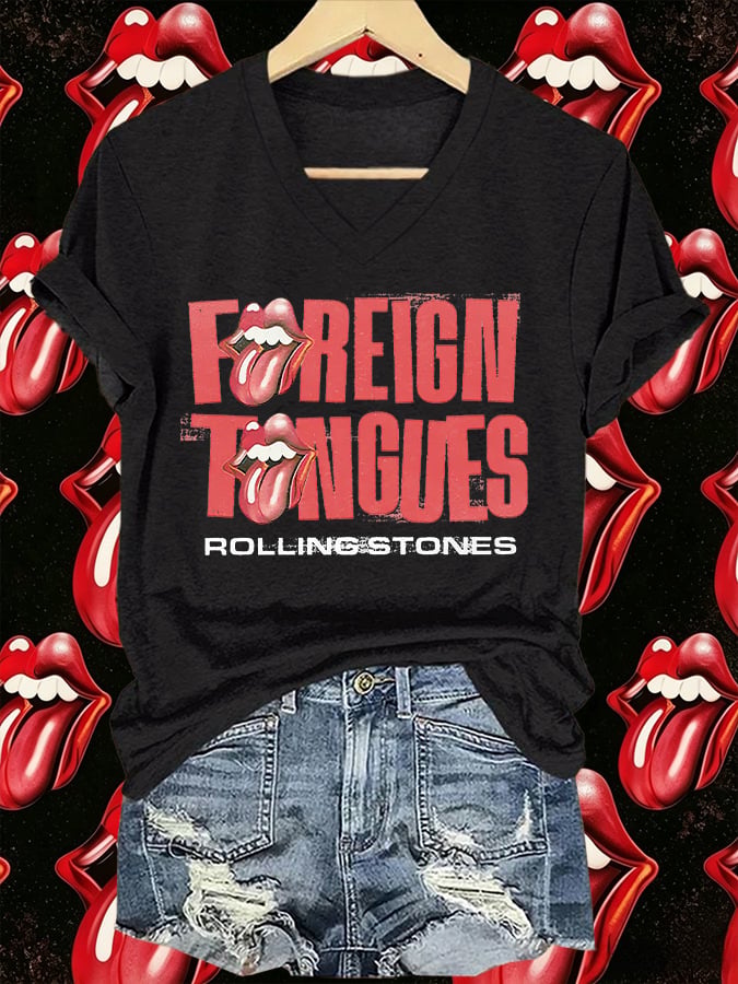 Women's V-Neck Retro Foreign Tongues Print T-shirt
