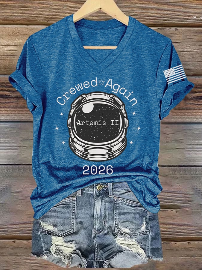 Women's Crewed Again Print V Neck T-shirt