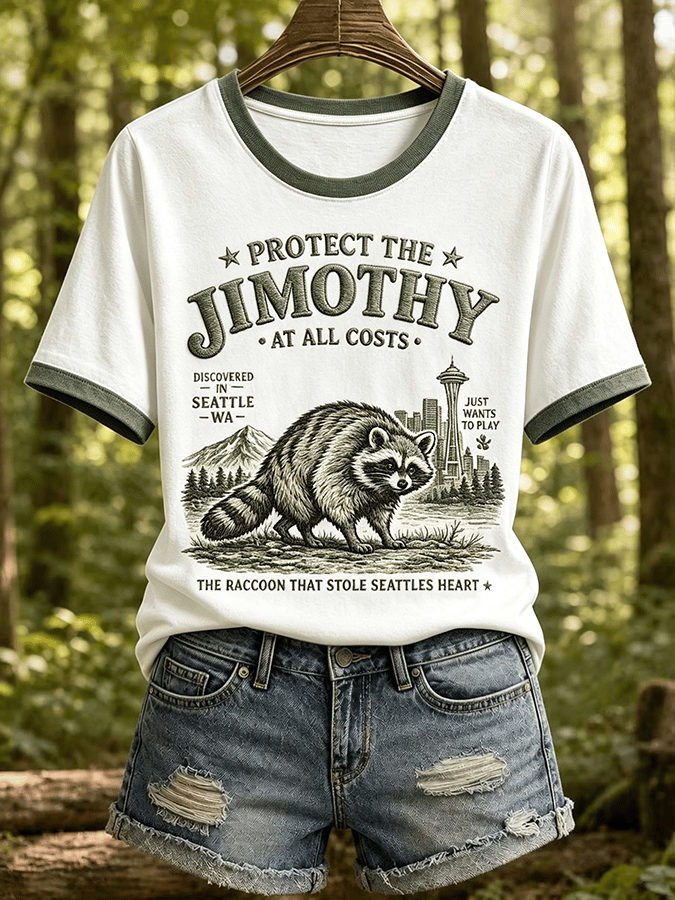 Women's Retro Jimothy Raccoon Print Comfortable T-Shirt
