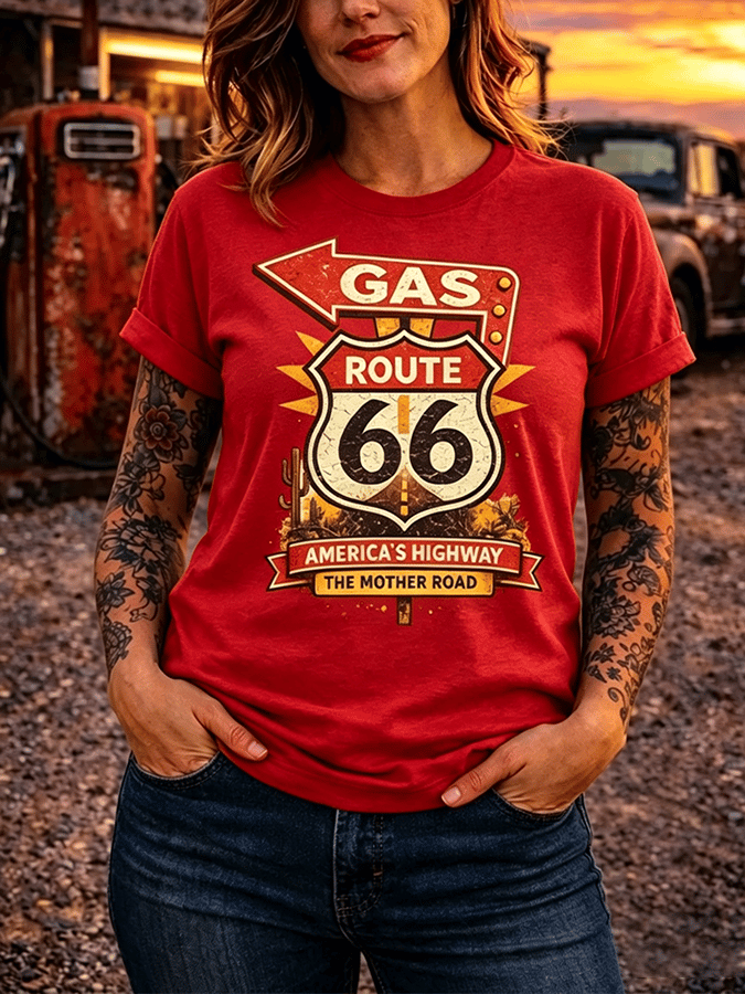 Women's Retro Short-Sleeve Cotton T-Shirt - Route 66, The Mother Road