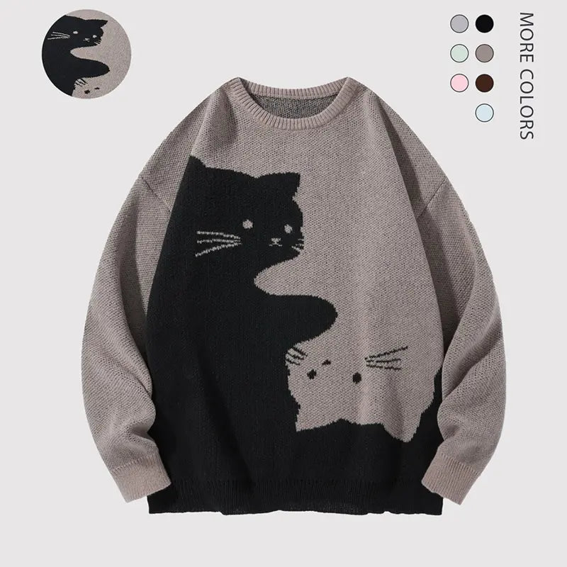 Unisex Cute Cartoon Cat Print Crew Neck Knit Pullover – Loose-Fit Polyester Long-Sleeve Fashion Top