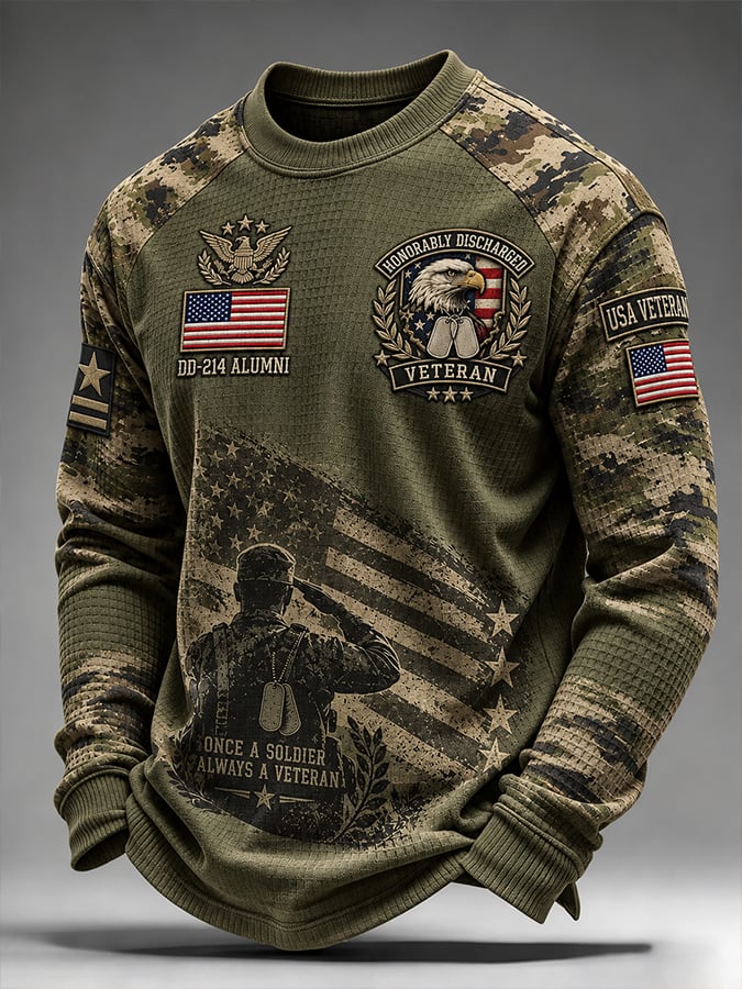 🎖️ Men’s Veteran Pride Themed DD-214 Print Waffle-Knit Sweatshirt