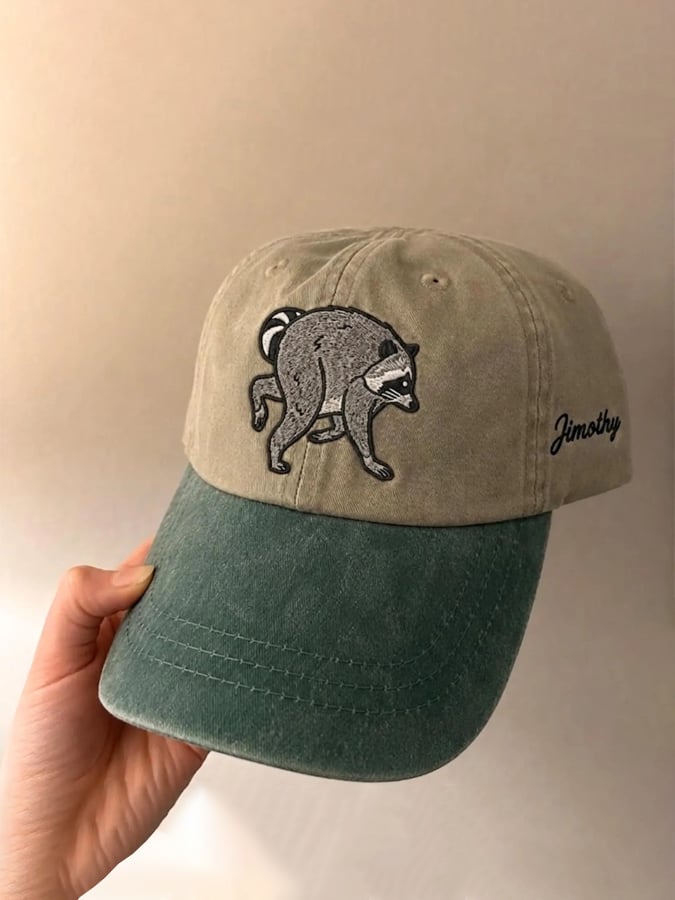 Retro Color Block Jimothy Raccoon Print Baseball Cap