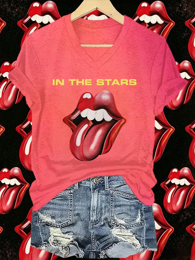 Women's V-Neck Retro Foreign Tongues Print T-shirt