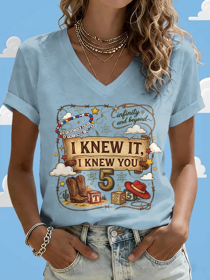V-Neck Retro I Knew It Print T-Shirt