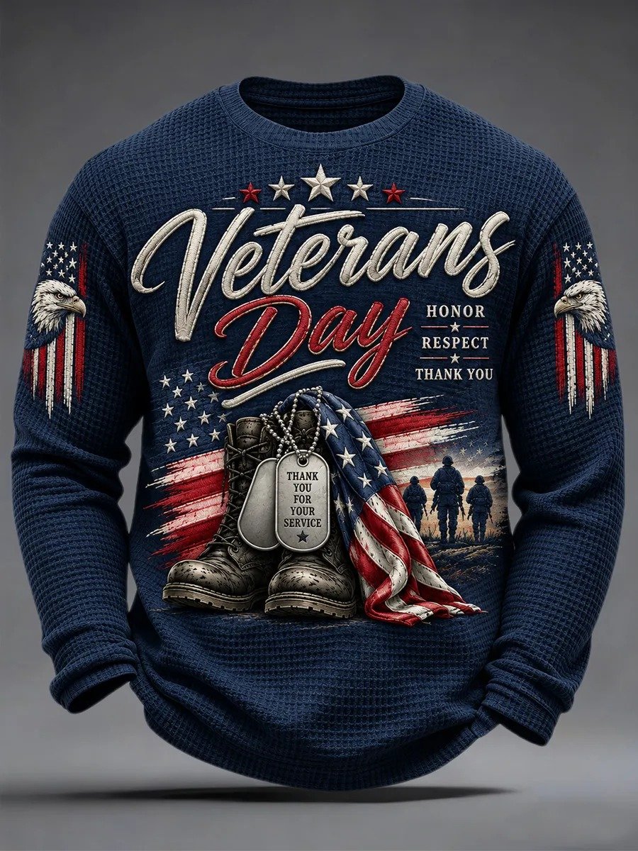🎖️Men's U.S. Veterans Day Print Waffle Long Sleeve T-Shirt