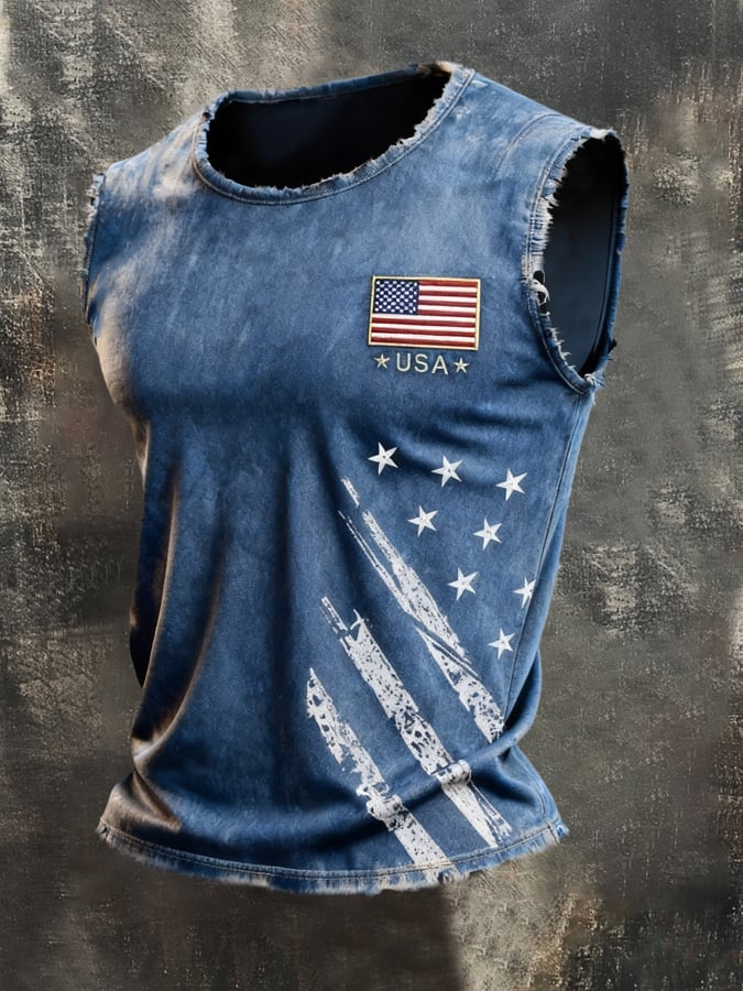 Men's Vintage Distressed Patriotic Independence Day Crew Neck Tank Top