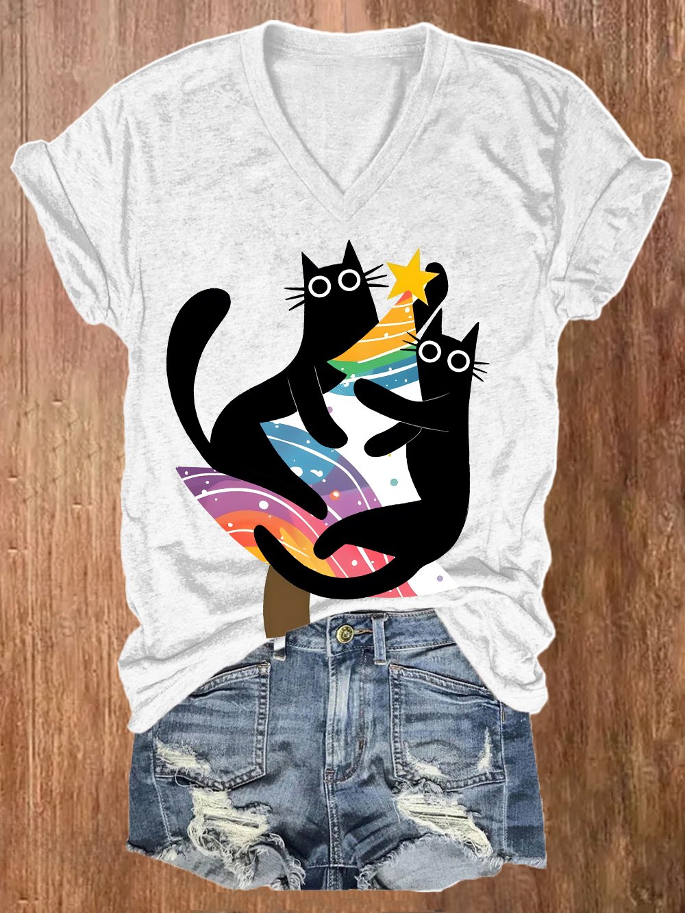 Women's Two Black Cats Holding A Rainbow Christmas Tree Pride Month And Cat Print V-Neck T-Shirt Top