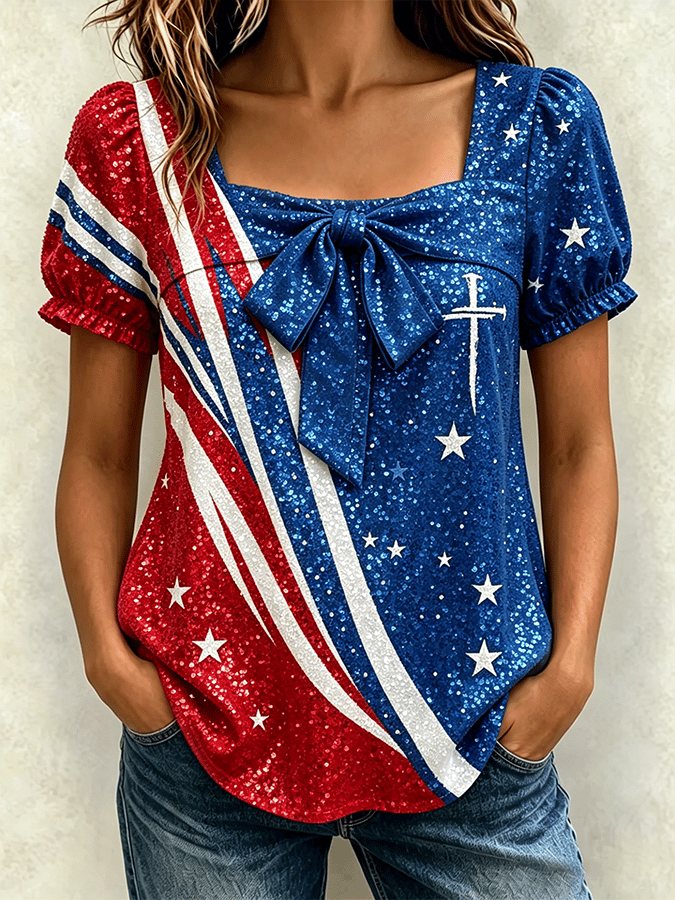 Women's Patriotic Commemorative Art Design Square Neck Retro Short Sleeve T-shirt