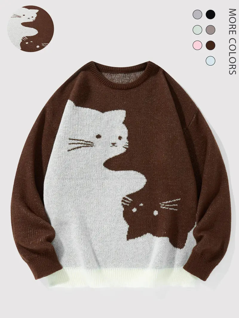 Unisex Cute Cartoon Cat Print Crew Neck Knit Pullover – Loose-Fit Polyester Long-Sleeve Fashion Top
