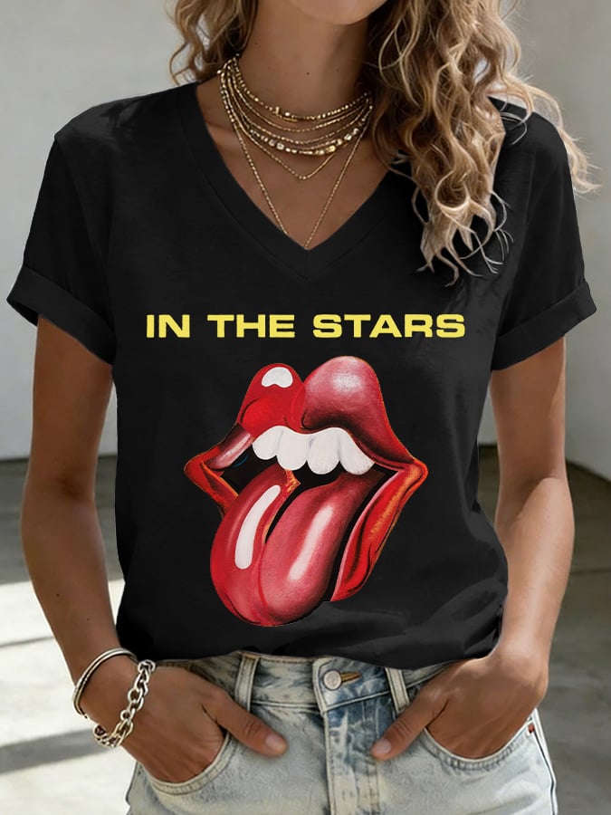 Women's V-Neck Retro In The Stars Print T-shirt