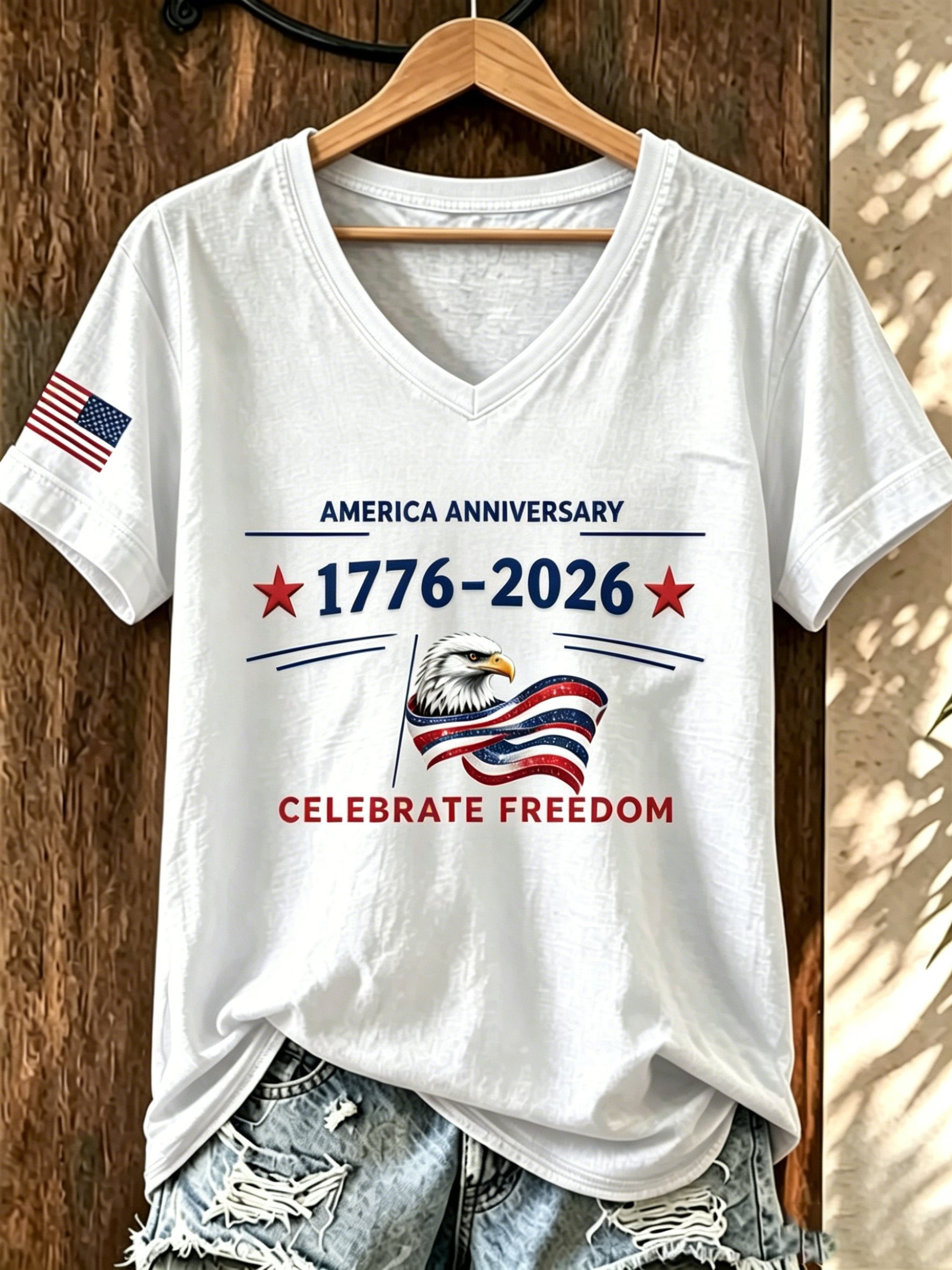 Women's American 250th Anniversary Print Casual V-Neck T-Shirt