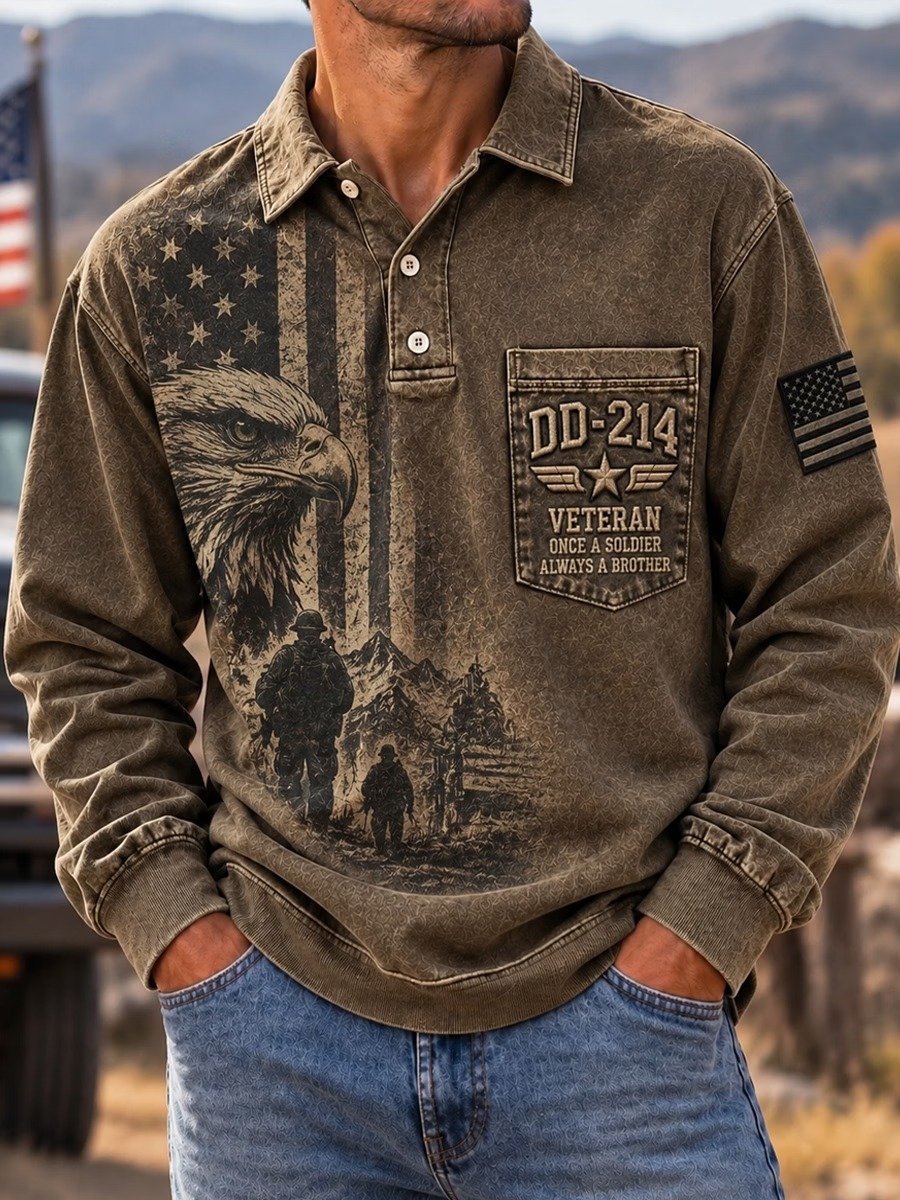 Men's Veteran Commemorative Print Long-Sleeve Polo Shirt
