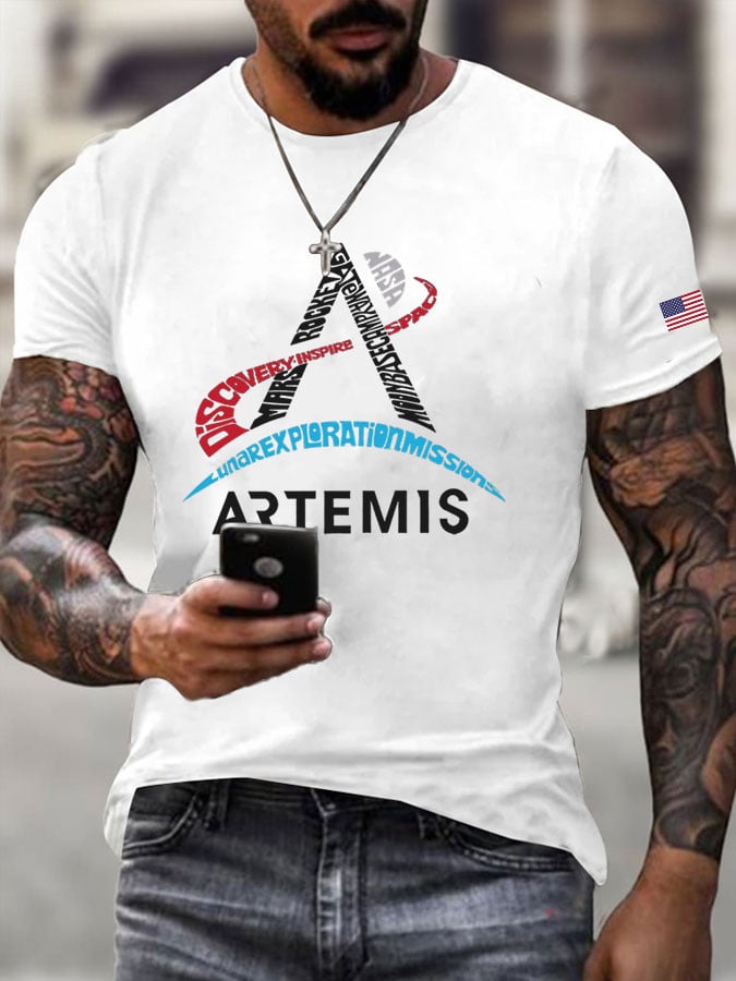 Men's Space-Themed Crew Neck Casual Printed T-Shirt