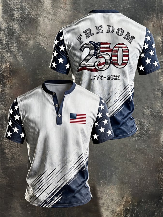 Men's Retro Independence Day Patriotic Ribbed Henley Short-Sleeve T-Shirt
