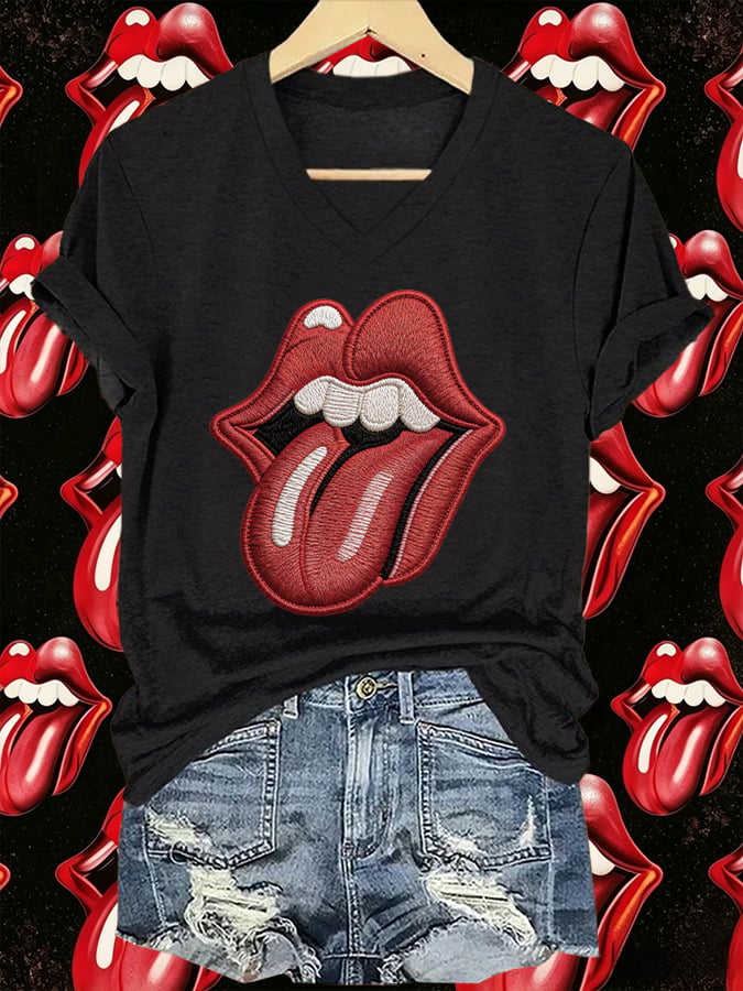 Women's V-Neck Retro Foreign Tongues Print T-shirt