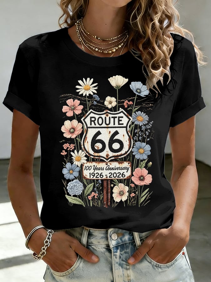 Women's Route 66 Centennial Floral Print Casual T-shirt