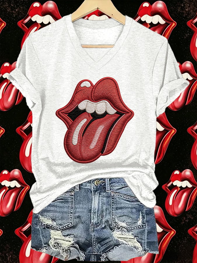 Women's V-Neck Retro Foreign Tongues Print T-shirt
