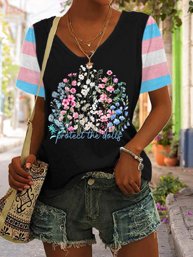 Women's Protect The Dolls Print V Neck T-Shirt