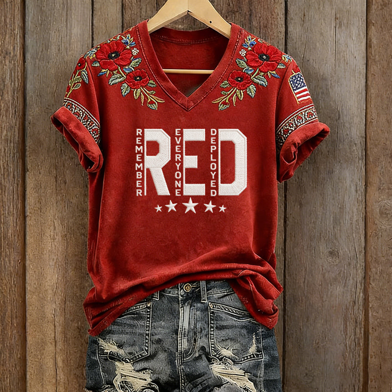 Women's Retro Red Friday Floral Art Print Casual T-Shirt
