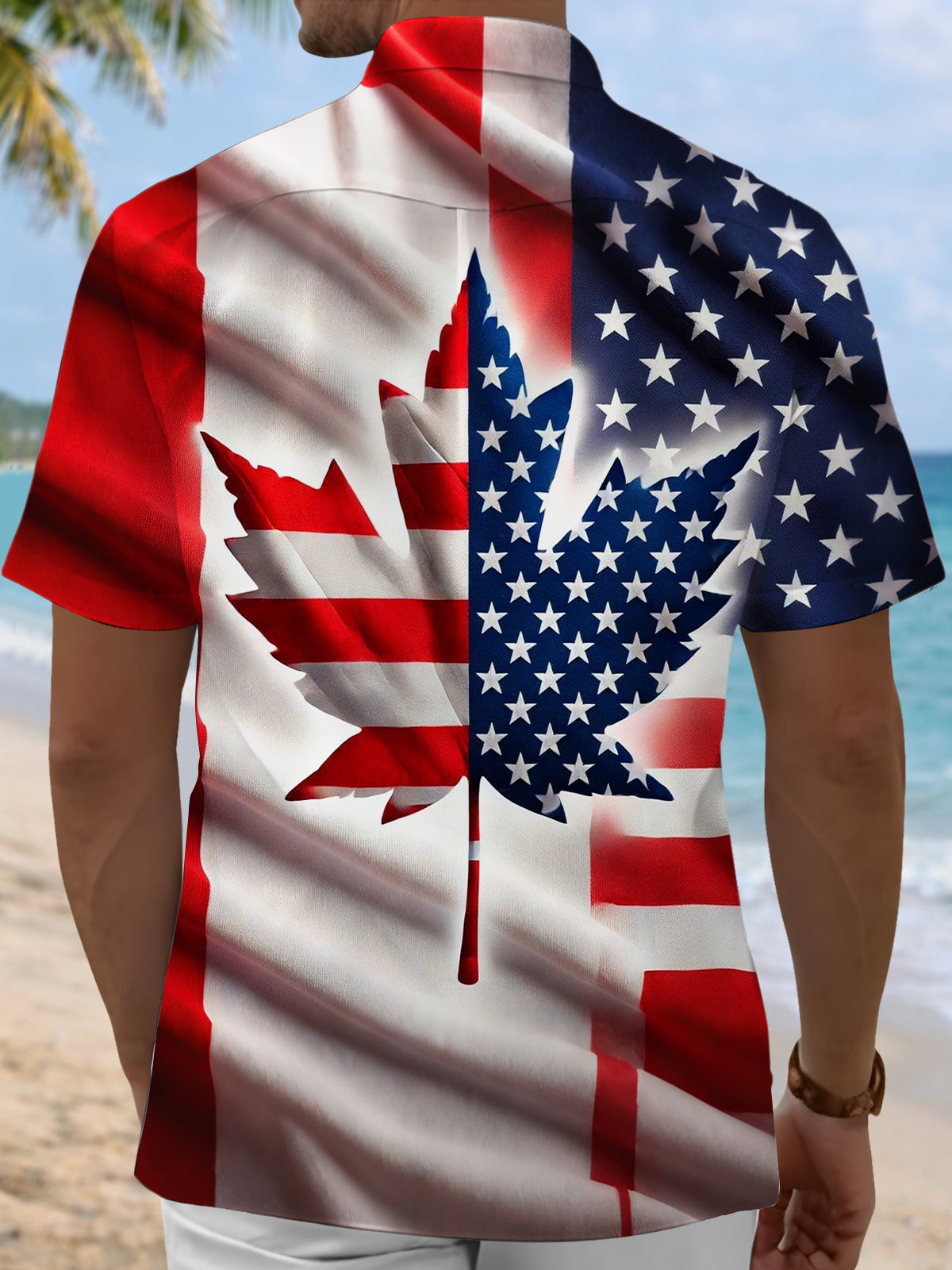 American Flag Maple Leaf Print Men's Pocket Short Sleeve Shirts