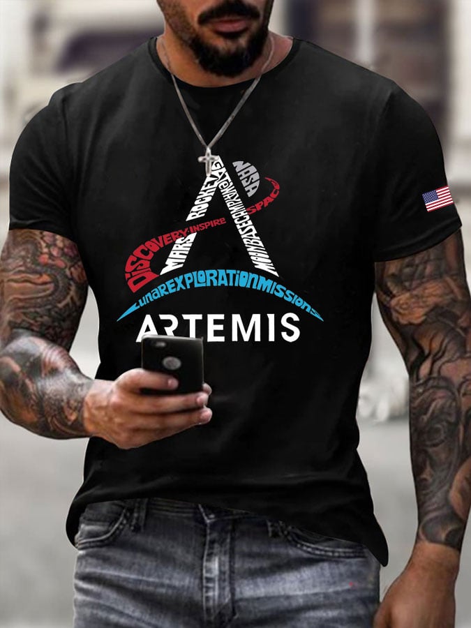 Men's Space-Themed Crew Neck Casual Printed T-Shirt