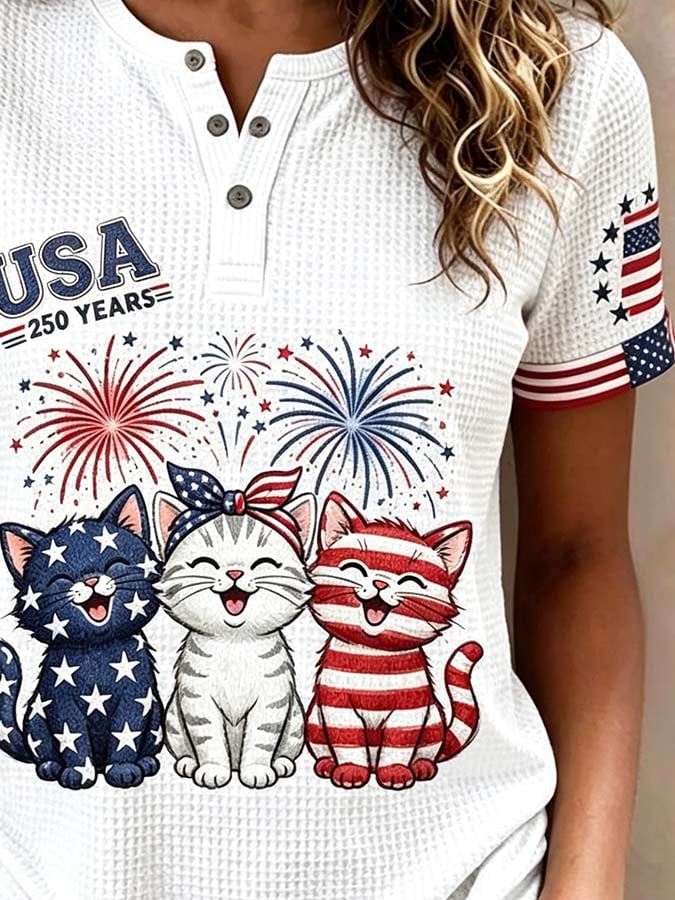 Women'S Casual Independence Day Cat Print Top