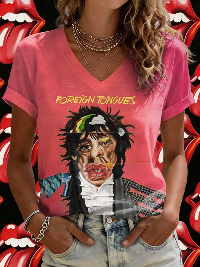 Women's V-Neck Retro Foreign Tongues Print T-shirt