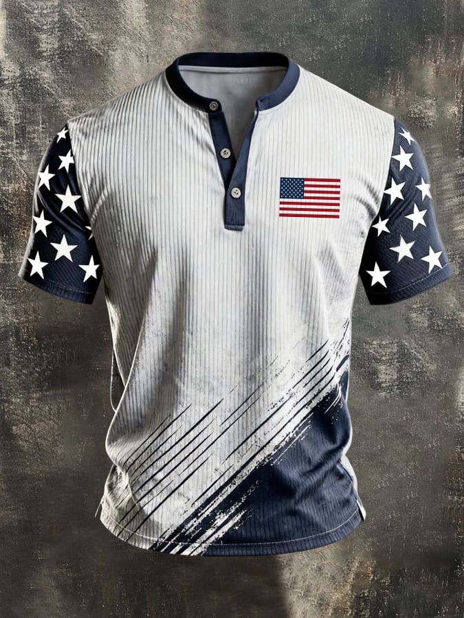 Men's Retro Independence Day Patriotic Ribbed Henley Short-Sleeve T-Shirt