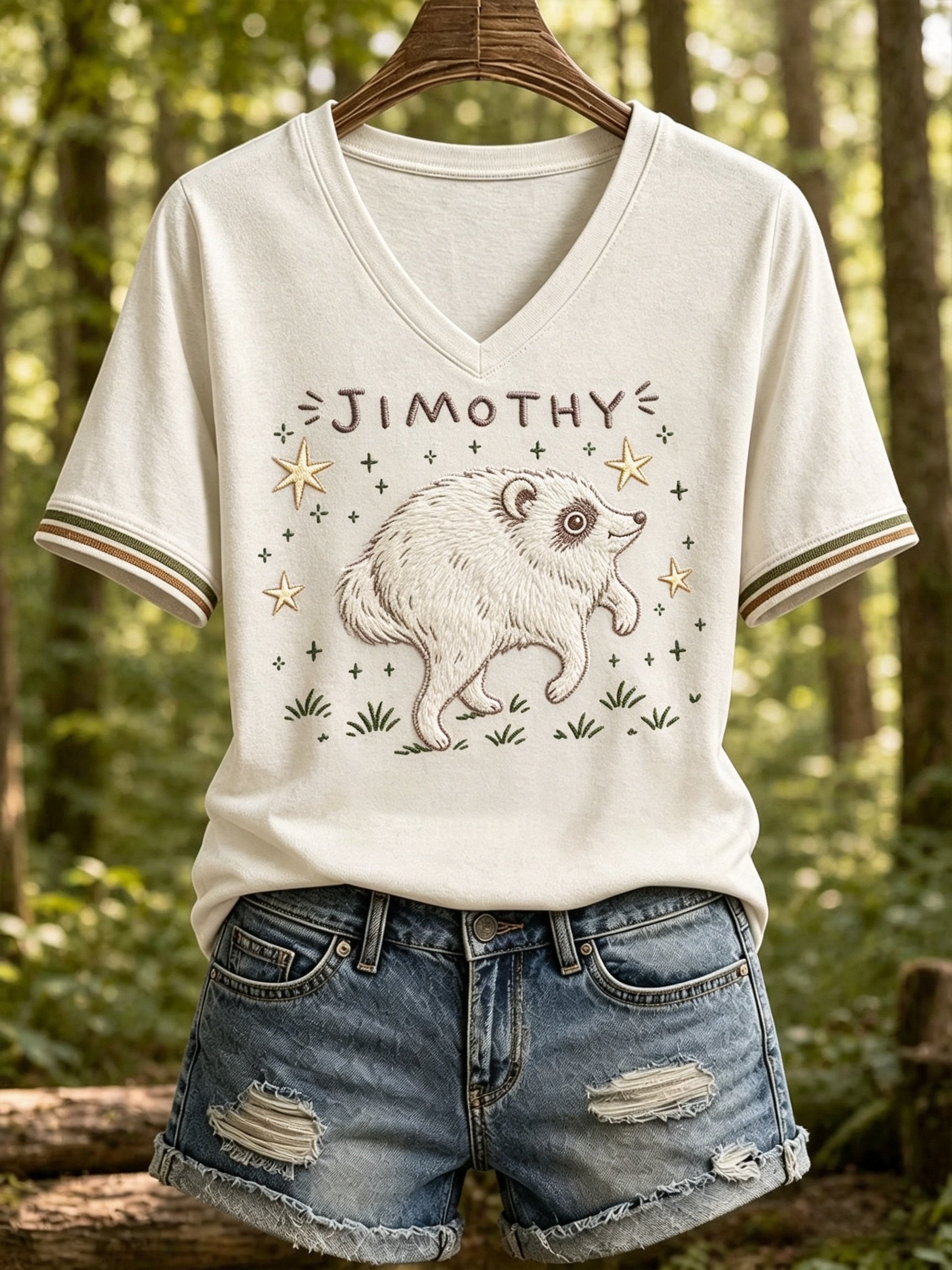 Women's Jimothy Raccoon Seattle Print V Neck T-Shirt