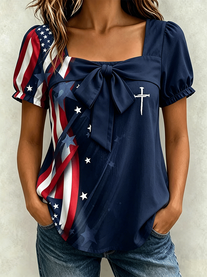Women's Patriotic Commemorative Art Design Square Neck Retro Short Sleeve T-shirt