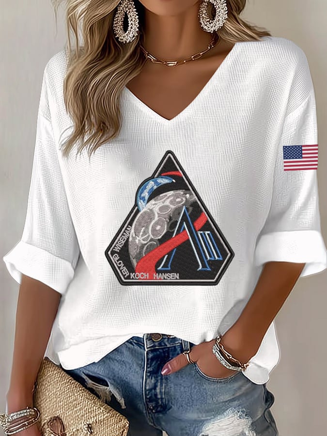 Women's  Artemis II Space Mission Print V-Neck Top