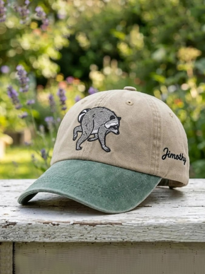 Retro Color Block Jimothy Raccoon Print Baseball Cap