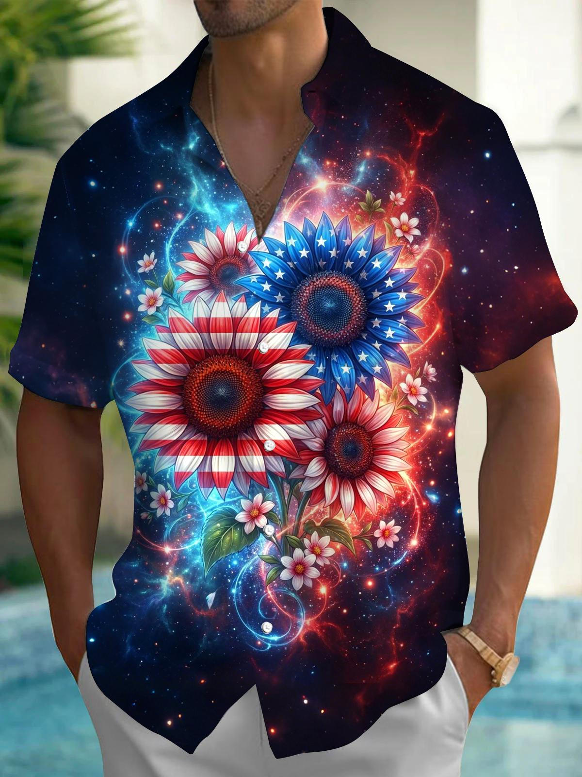 American Flag Sunflower Print Men's Pocket Short Sleeve Shirts