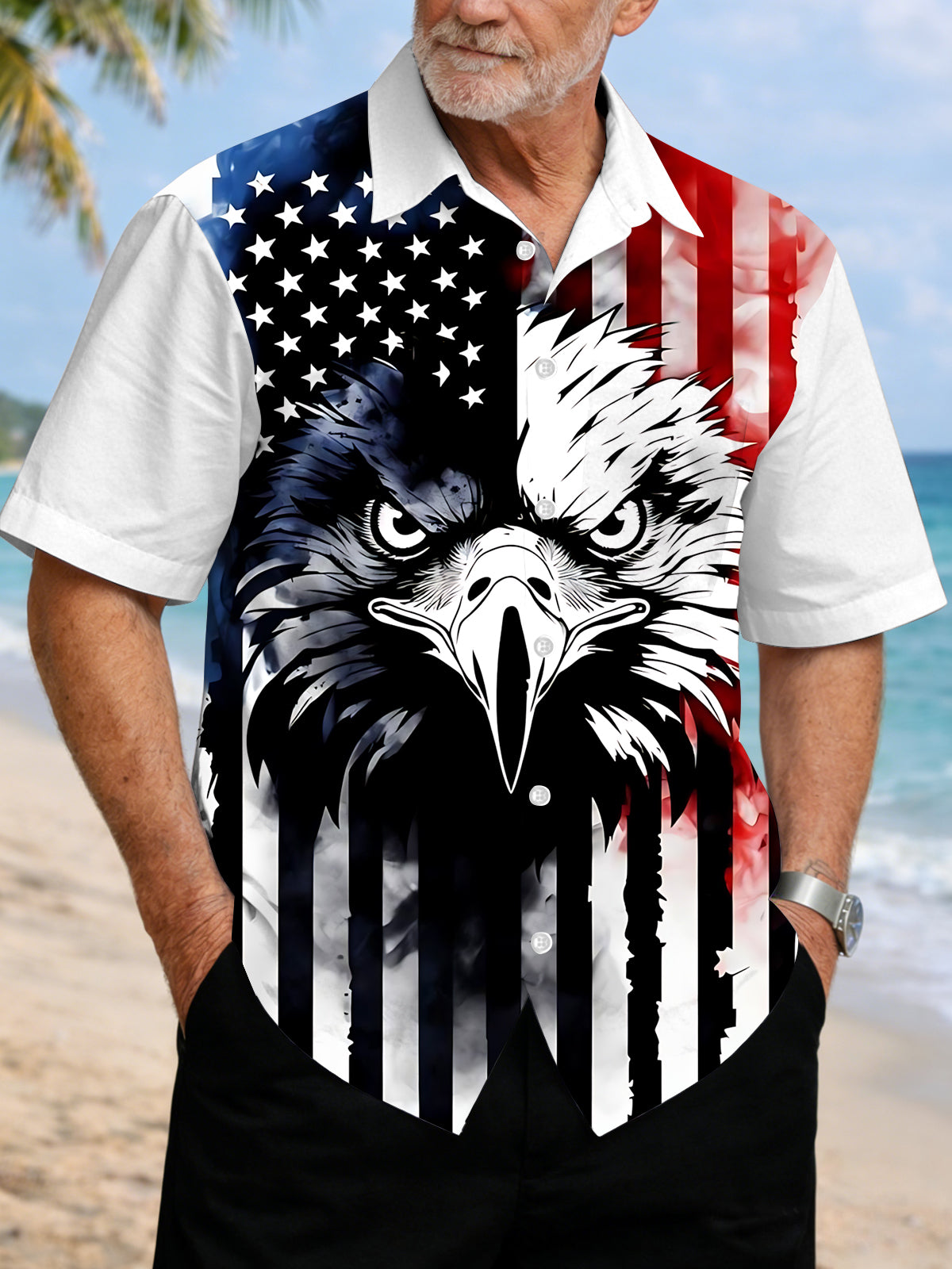 Eagle American Flag Print Men's Pocket Short Sleeve Shirts