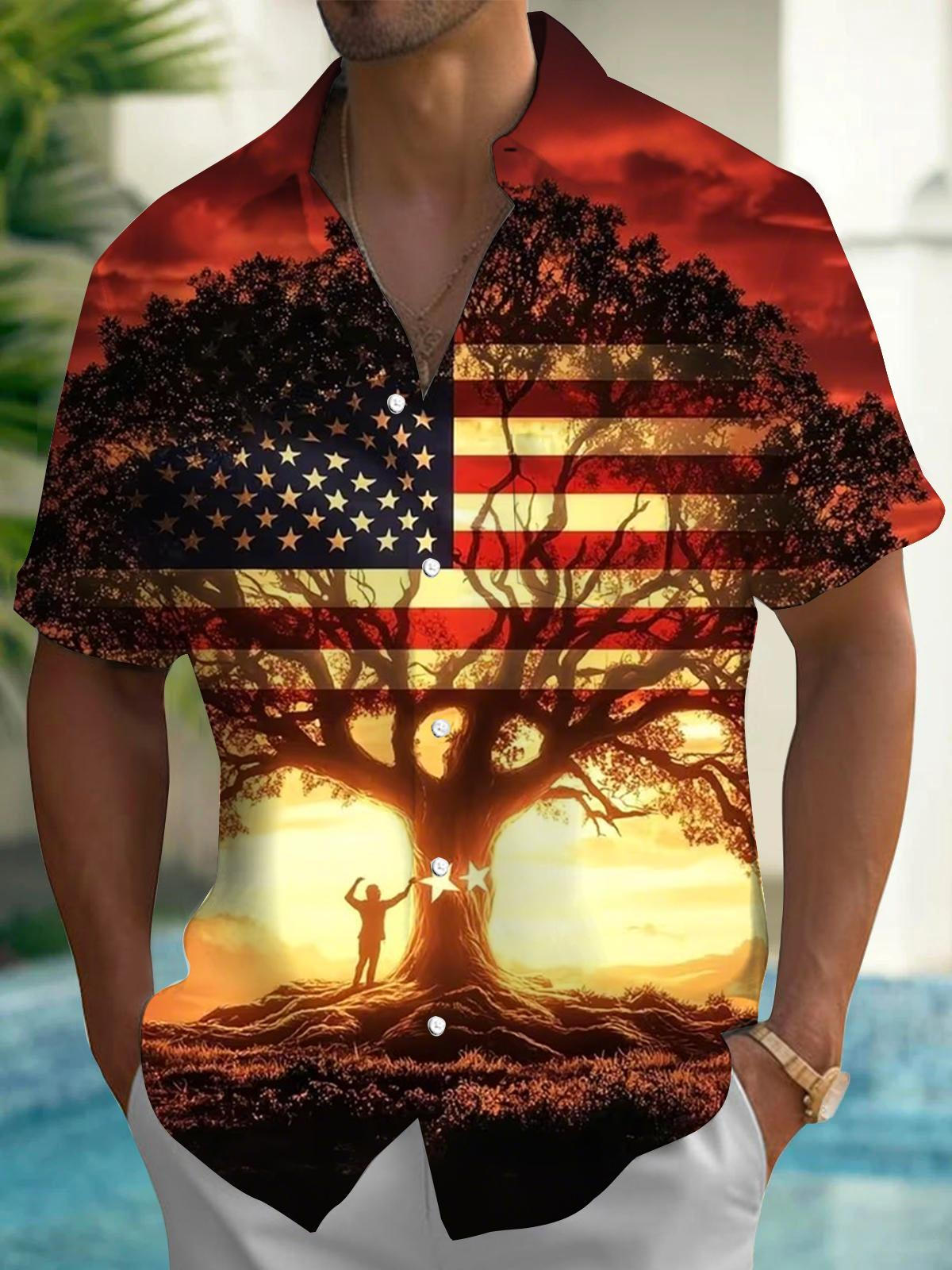 American Flag Tree Print Men's Pocket Short Sleeve Shirts