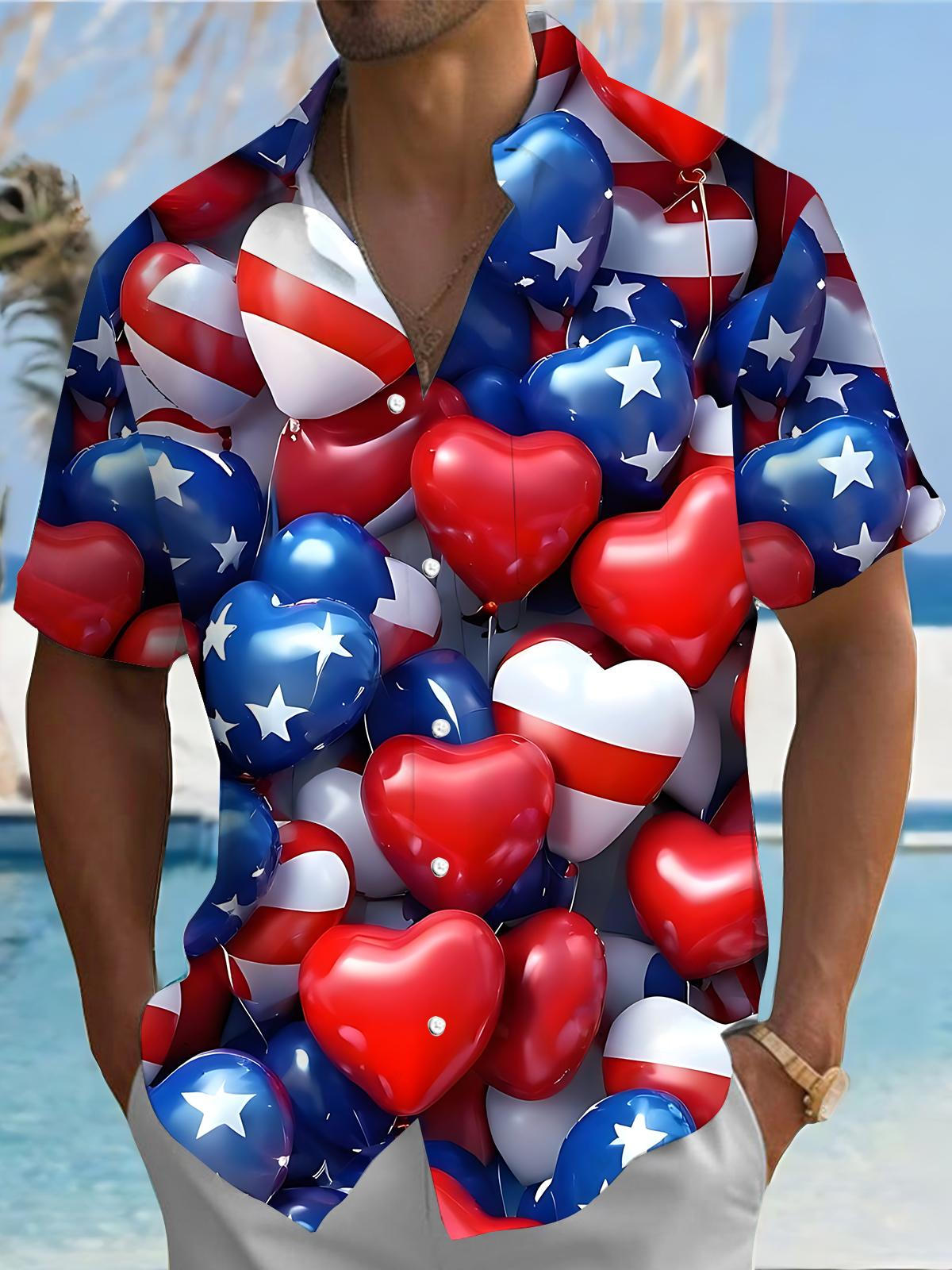 American Flag Heart Shape Balloon print Men's Pocket Short Sleeve Shirts