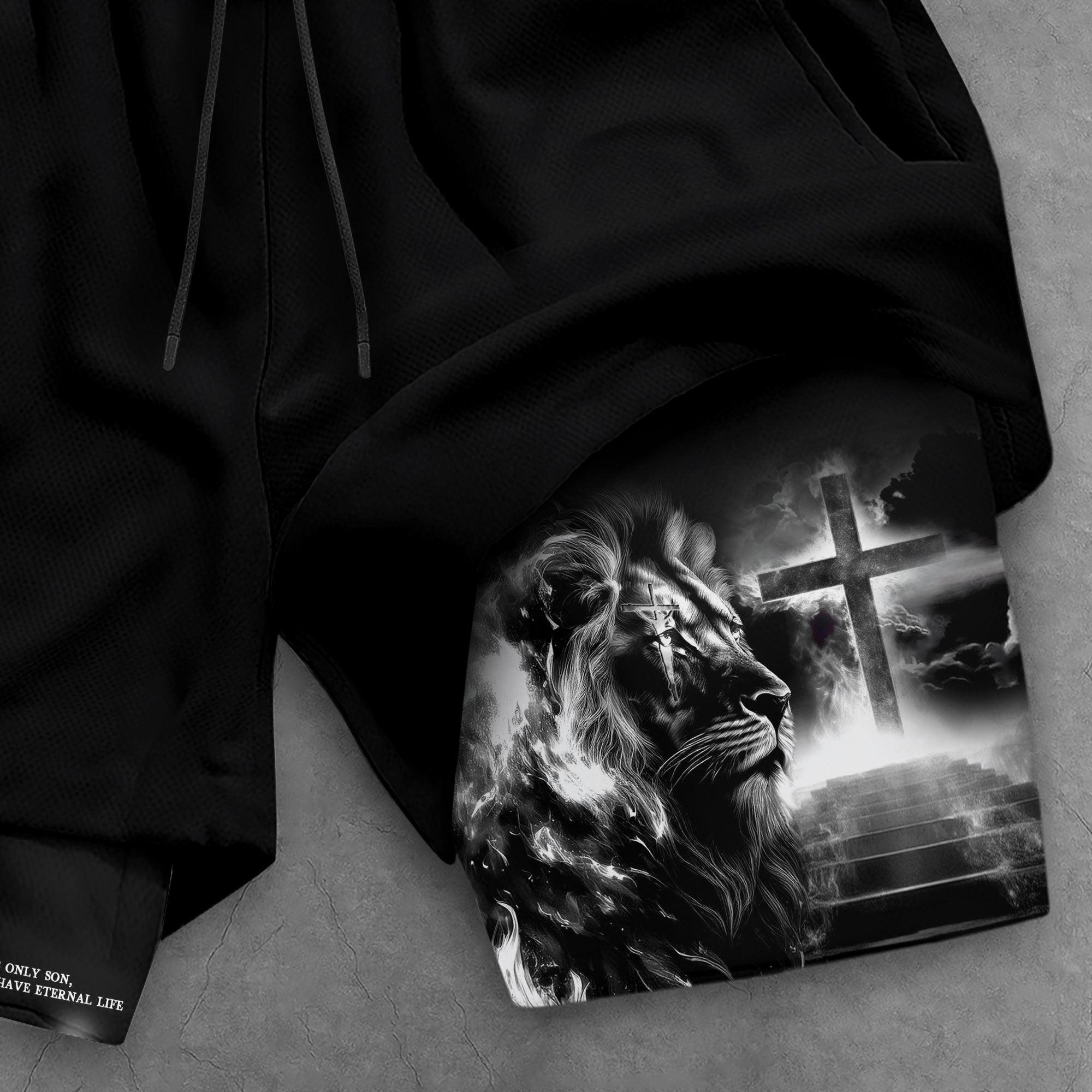 John 3:16 Christian Gym Shorts for Men Lion Cross Jesus Design