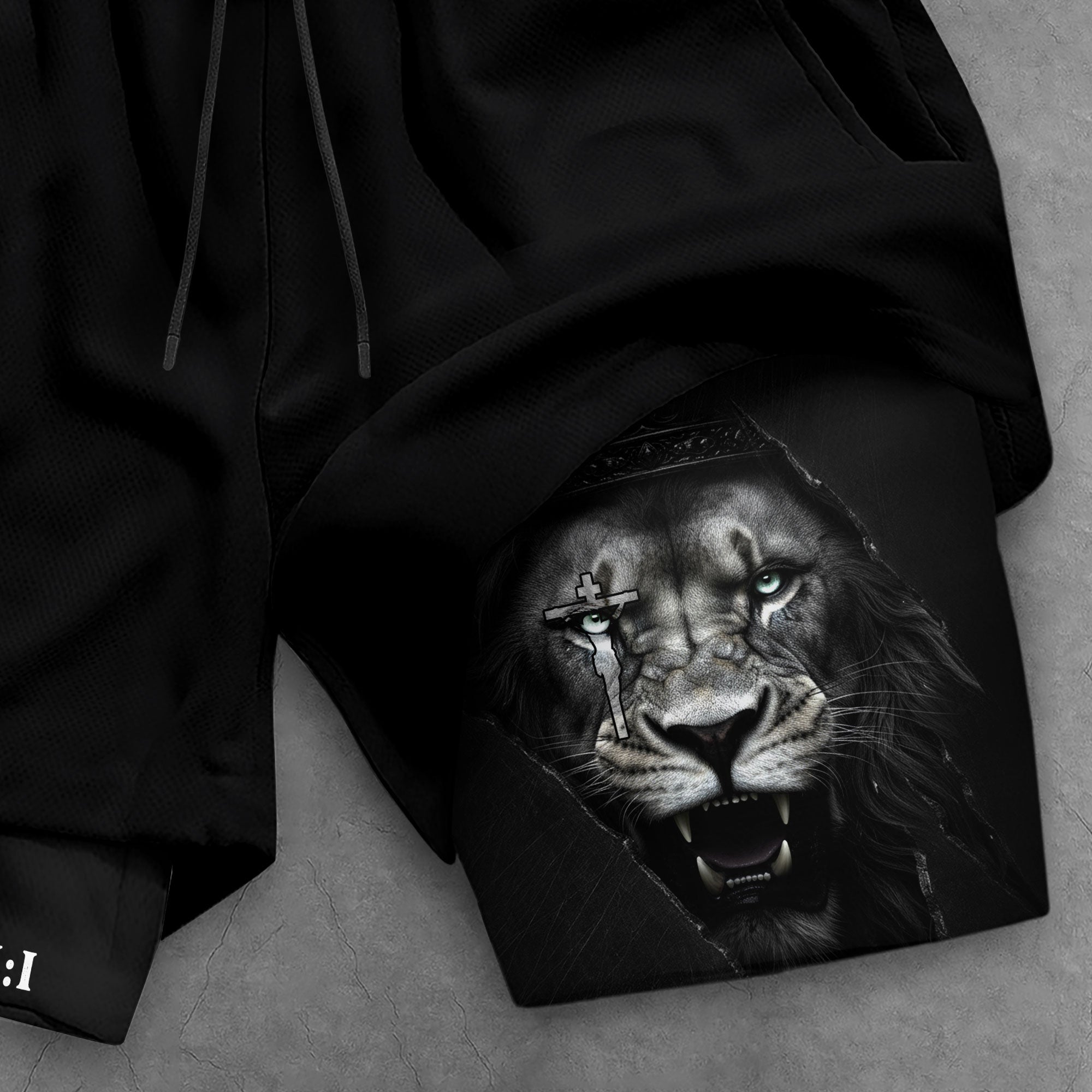 Psalm 27:1 Faith Over Fear Christian Gym Shorts Lion Cross Design