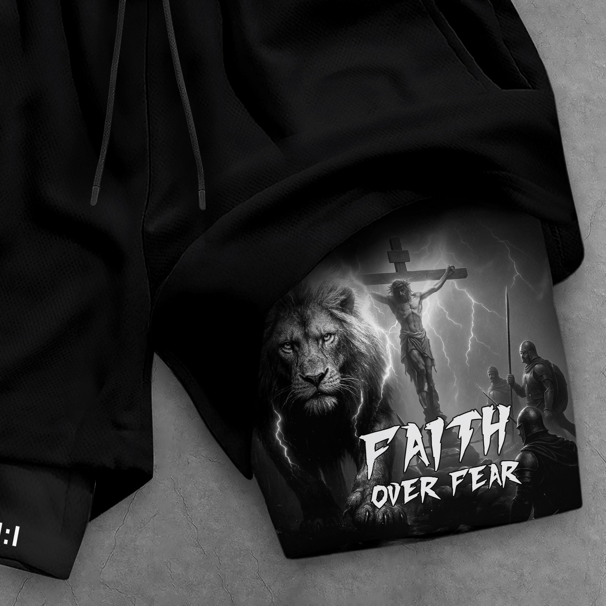 Psalm 27:1 Faith Over Fear Christian Gym Shorts Lion and Cross Design