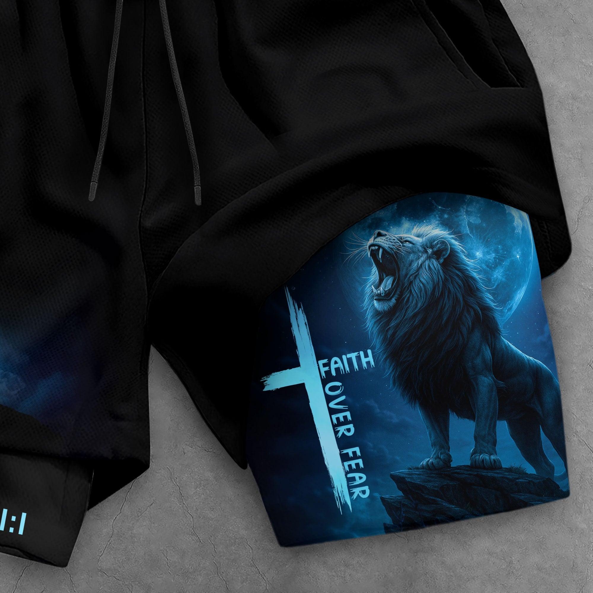 Psalm 27:1 Faith Over Fear Blue Lion Christian Gym Shorts