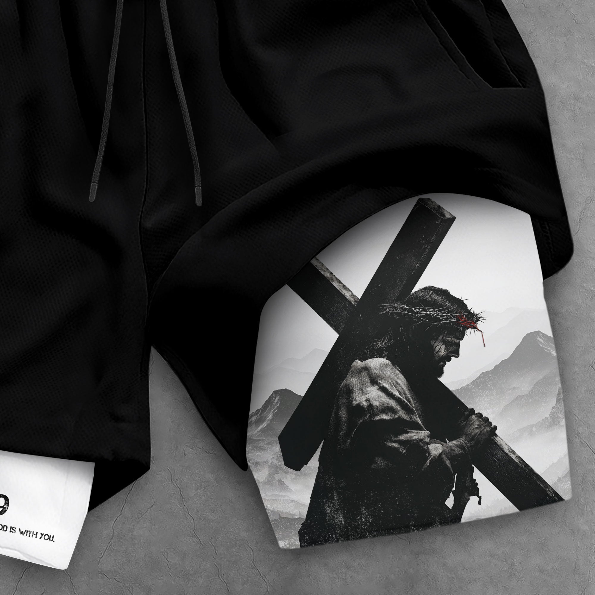 Joshua 1:9 Jesus Carrying Cross Christian Gym Shorts Faith Strength