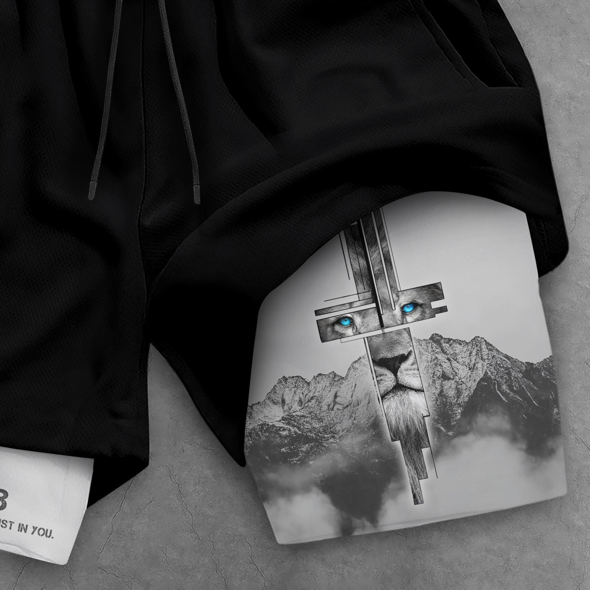 Psalm 56:3 Lion Cross Christian Gym Shorts Eyes of Faith
