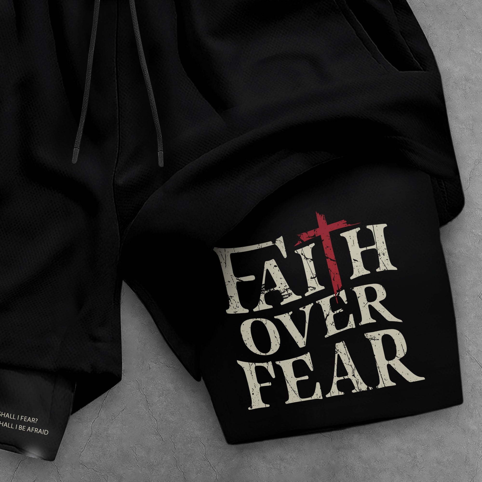 Faith Over Fear Christian Gym Shorts for Men Psalm 27:1 Red Cross