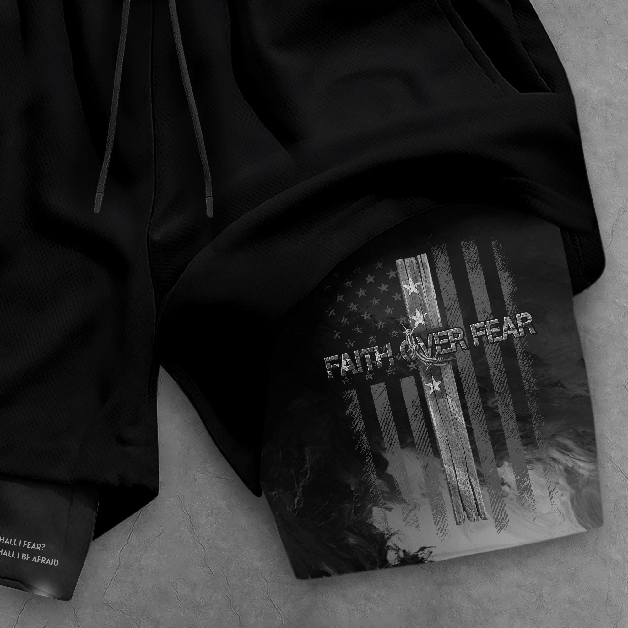 Faith Over Fear Christian Gym Shorts for Men Psalm 27:1 American Flag Cross