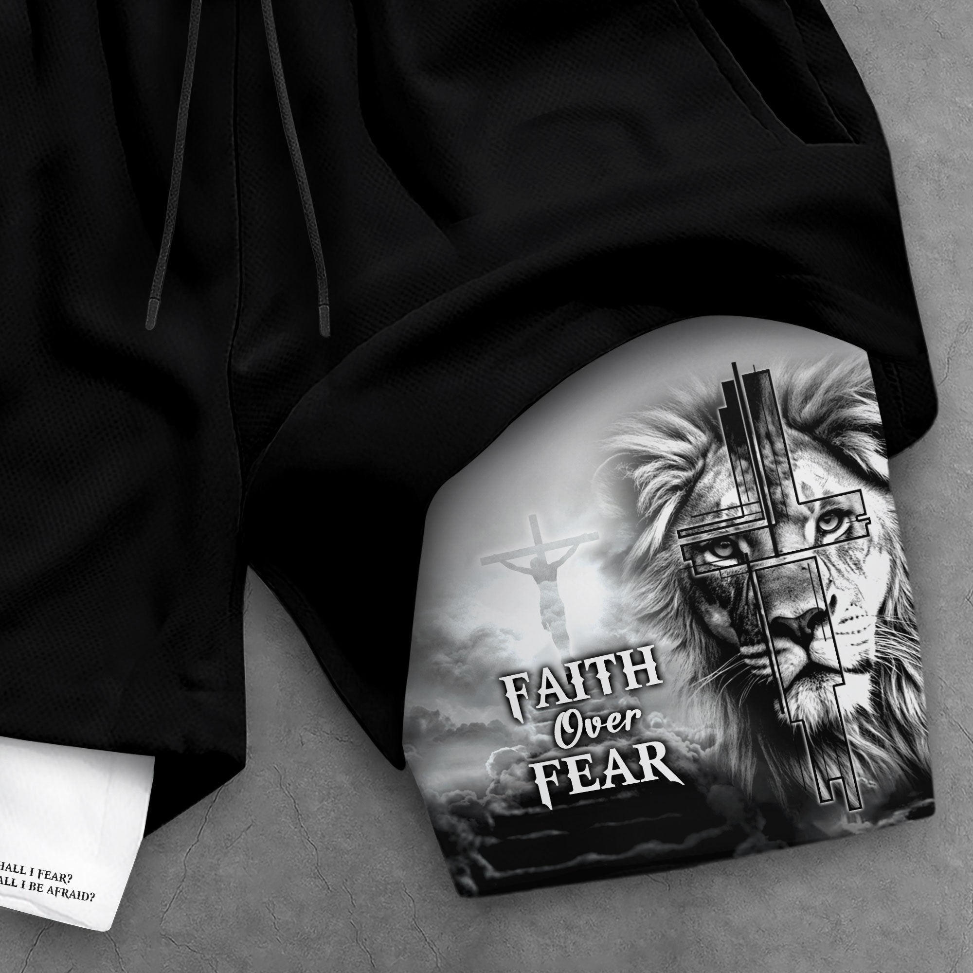 Faith Over Fear Psalm 27:1 Lion Cross Design Christian Gym Shorts