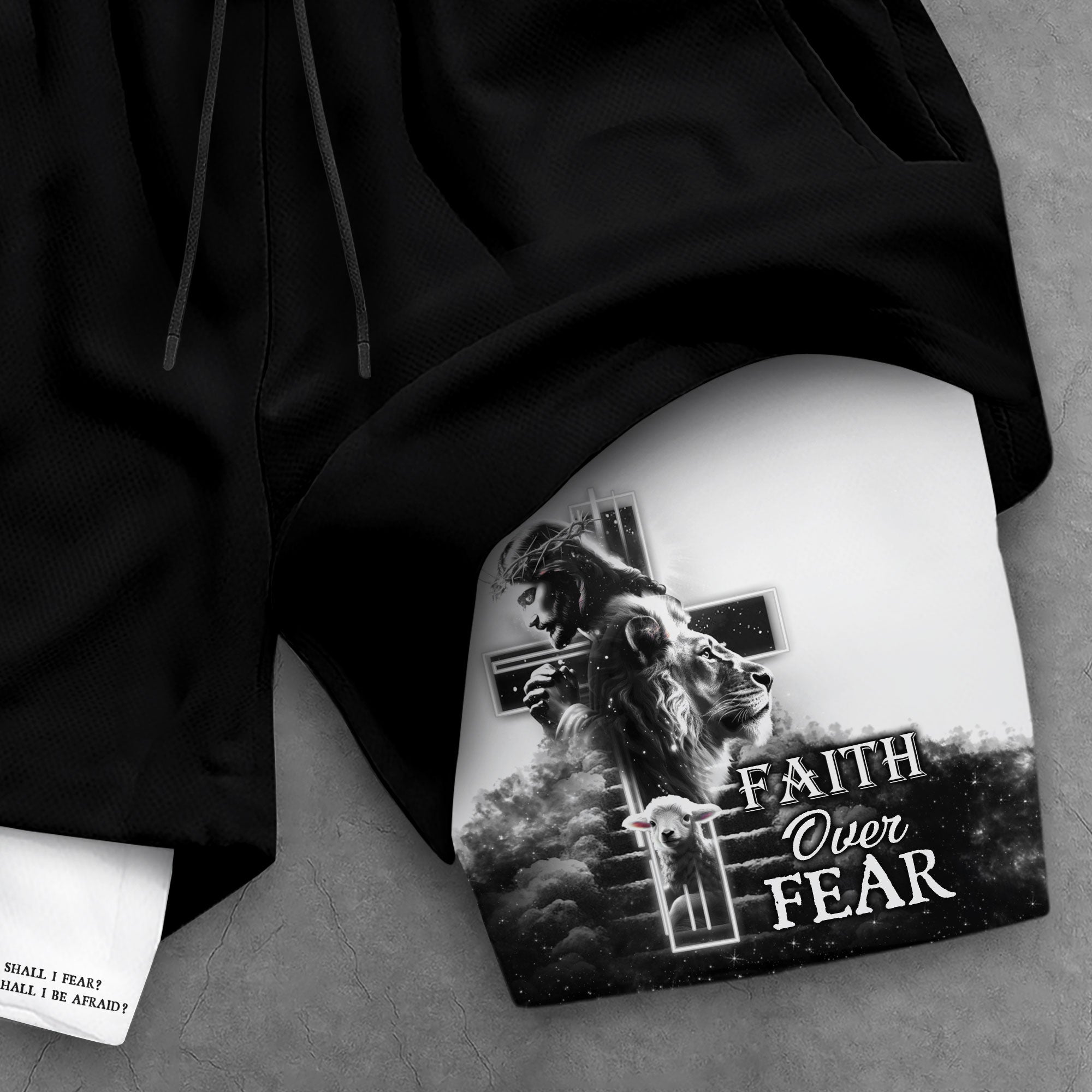 Psalm 27:1 Faith Over Fear Christian Gym Shorts for Men Lion Cross Design