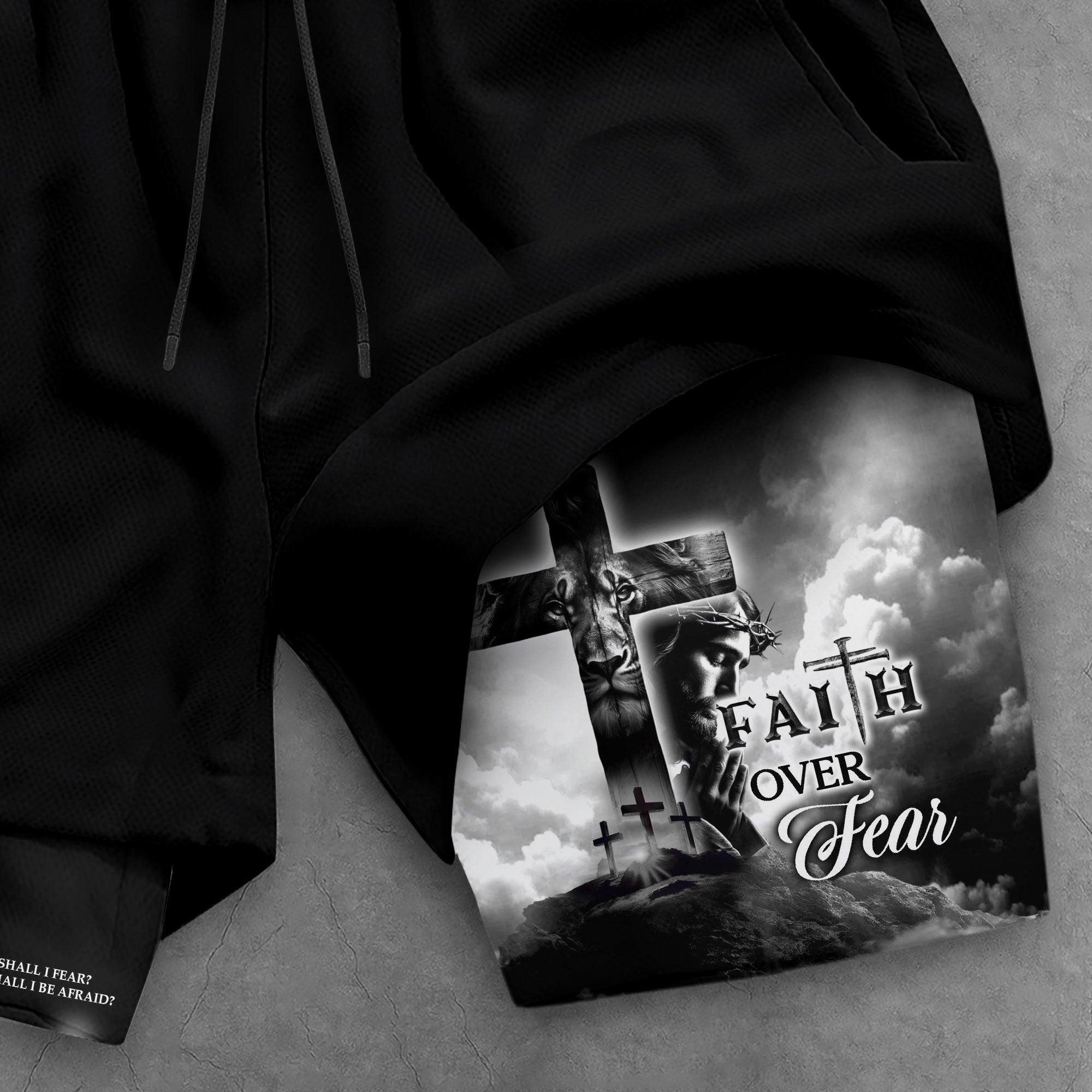 Faith Over Fear Christian Gym Shorts for Men Psalm 27:1 Cross of Jesus
