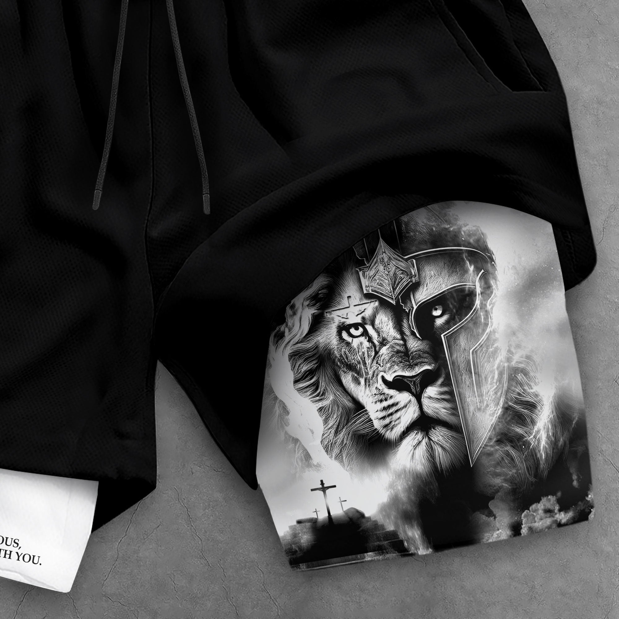 Joshua 1:9 Christian Gym Shorts for Men Lion Warrior Cross Design